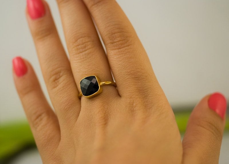 Black Onyx Ring Gold, Solitaire Gemstone Ring, Stacking Ring, Black Stone Ring, Tear Drop Ring, Statement Ring, Gift For Her