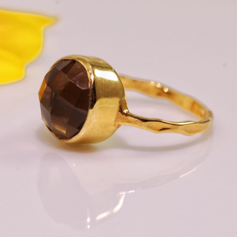 Smokey Quartz Ring, Back to School Gift, Autumn Jewelry, Brown Stone Ring, Solitaire Stacking Ring, Teardrop Ring, Round Gemstone
