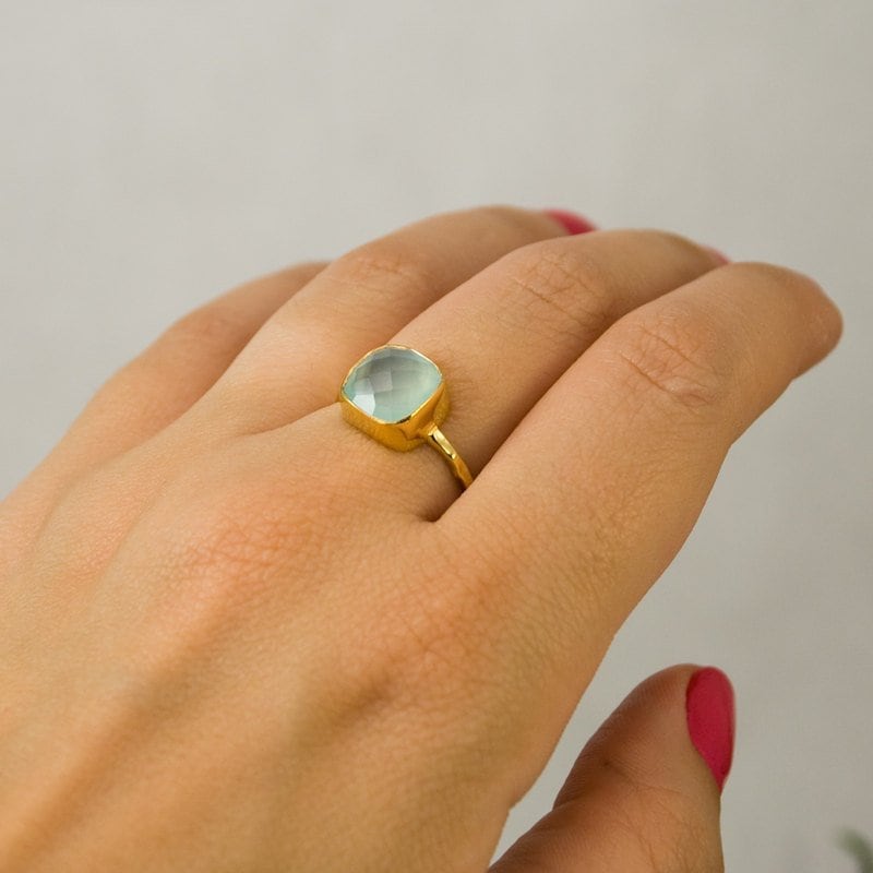Aqua Blue Chalcedony Ring Silver - Stackable Ring - Sea Foam Green Ring - Tear Drop Ring - Solitaire Ring