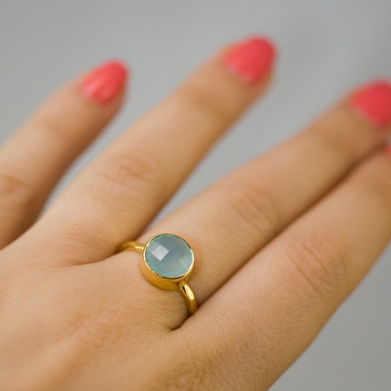 Aqua Blue Chalcedony Ring Silver - Stackable Ring - Sea Foam Green Ring - Tear Drop Ring - Solitaire Ring