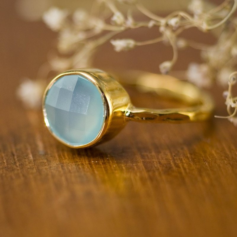 Aqua Blue Chalcedony Ring - Gemstone Ring - Stacking Ring - Gold Ring- Cushion Cut Ring