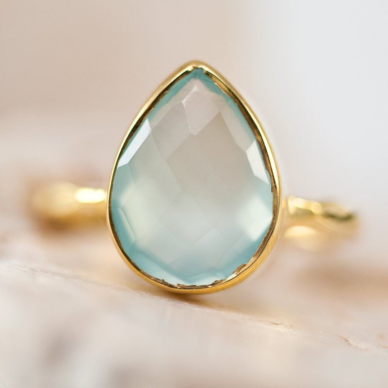 Aqua Blue Chalcedony Ring - Gemstone Ring - Stacking Ring - Gold Ring- Cushion Cut Ring