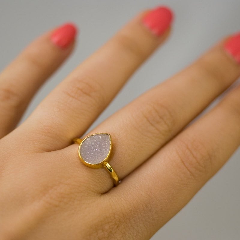 Druzy Ring Gold, April Birthstone Ring, Gemstone Ring, Solitaire Ring, Stacking Ring, Cushion Cut Ring, Rough Druzy Ring