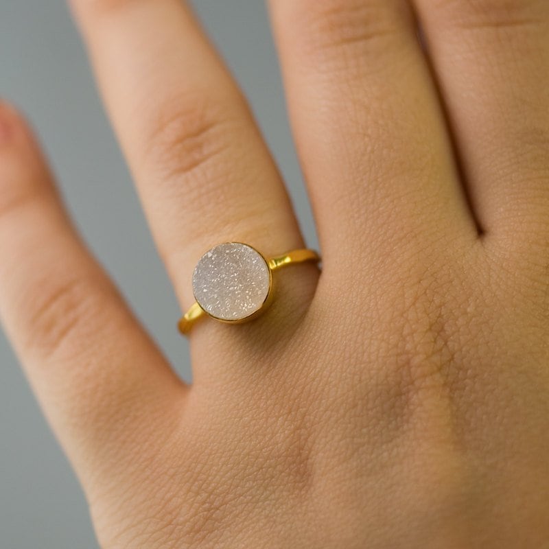 Druzy Ring Gold, April Birthstone Ring, Gemstone Ring, Solitaire Ring, Stacking Ring, Cushion Cut Ring, Rough Druzy Ring