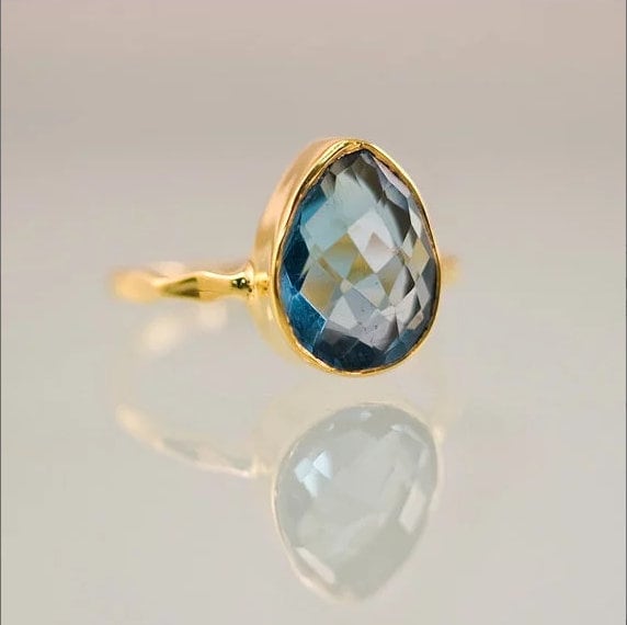 London Blue Topaz Ring Gold - December Birthstone Ring - Solitaire Ring - Stackable Stone Ring - Gold Ring - Round Ring