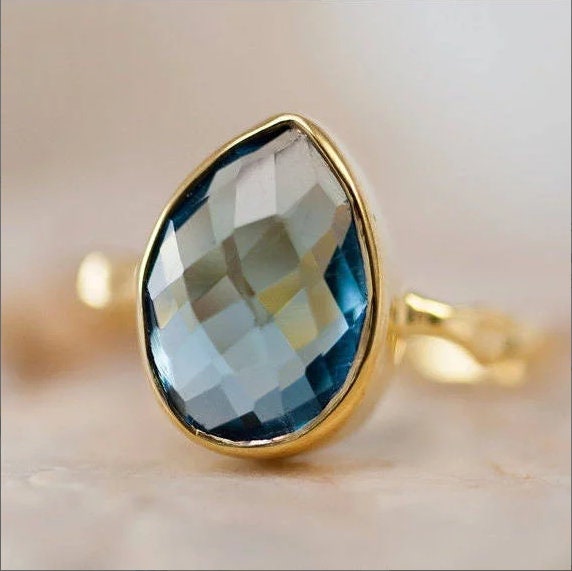 London Blue Topaz Ring - December Birthstone Ring - Tear Drop Stone Ring - Stackable Ring - Gold Vermeil Ring - Gift For Her
