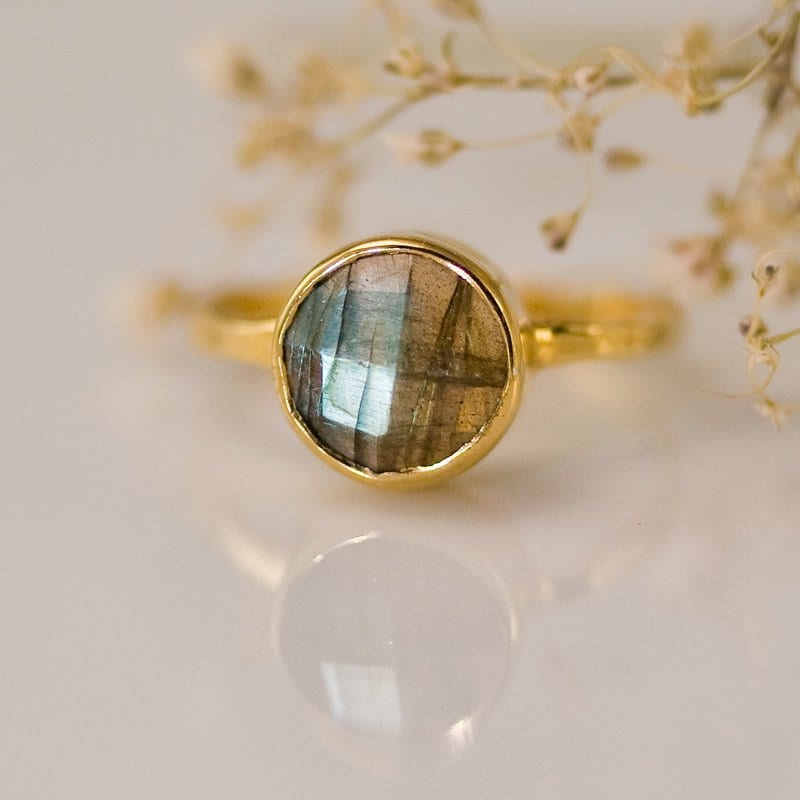 Labradorite Ring Gold, Natural Stone Ring, Cushion Cut Ring, Solitaire Gemstone Ring, Stacking Ring, Mother's Ring, Statement Ring