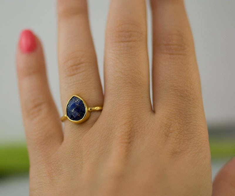 Navy Blue Lapis Ring Gold, September Birthstone Ring, Lapis Lazuli Gemstone Ring, Stacking Ring, Gold Vermeil Ring, Cocktail Ring