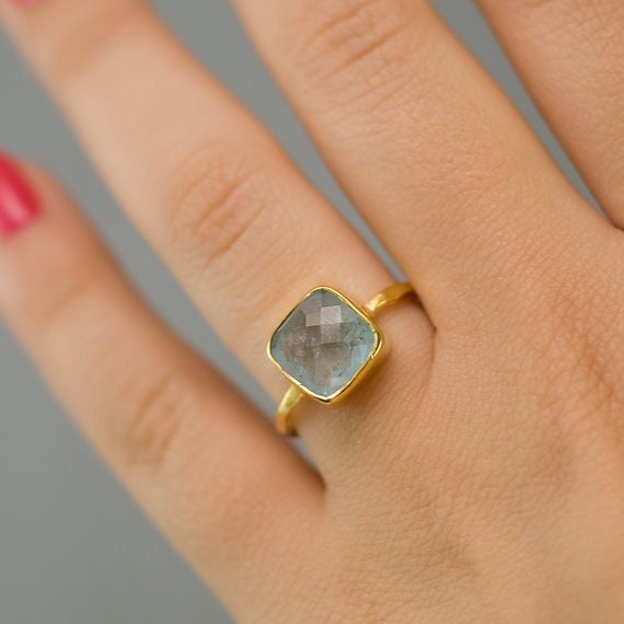 Aquamarine ring Gold - March Birthstone Ring - Solitaire Stone Ring - Stacking Ring - Gold Vermeil Ring - Tear Drop Ring