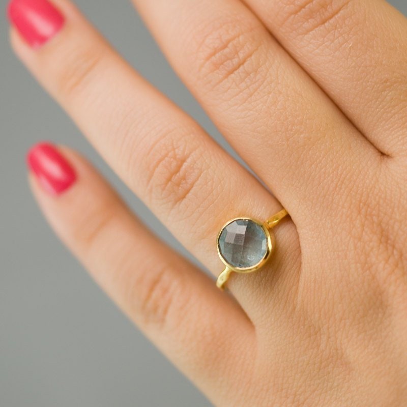 Aquamarine ring Gold - March Birthstone Ring - Solitaire Stone Ring - Stacking Ring - Gold Vermeil Ring - Tear Drop Ring
