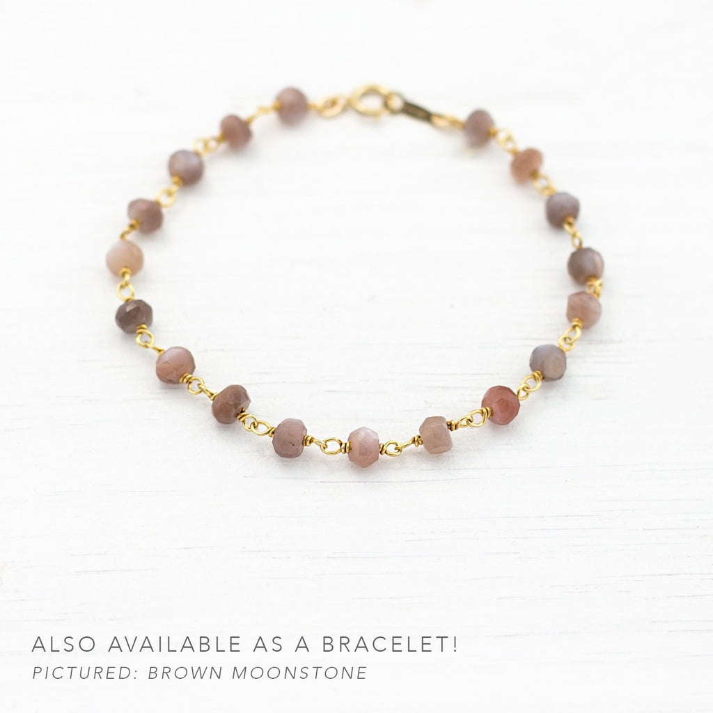 Everyday Moonstone Rosary Necklace, Beaded Chain Necklace, Gemstone Choker, Layering Necklace, Wire Wrapped Moonstone, Long Simple Necklace