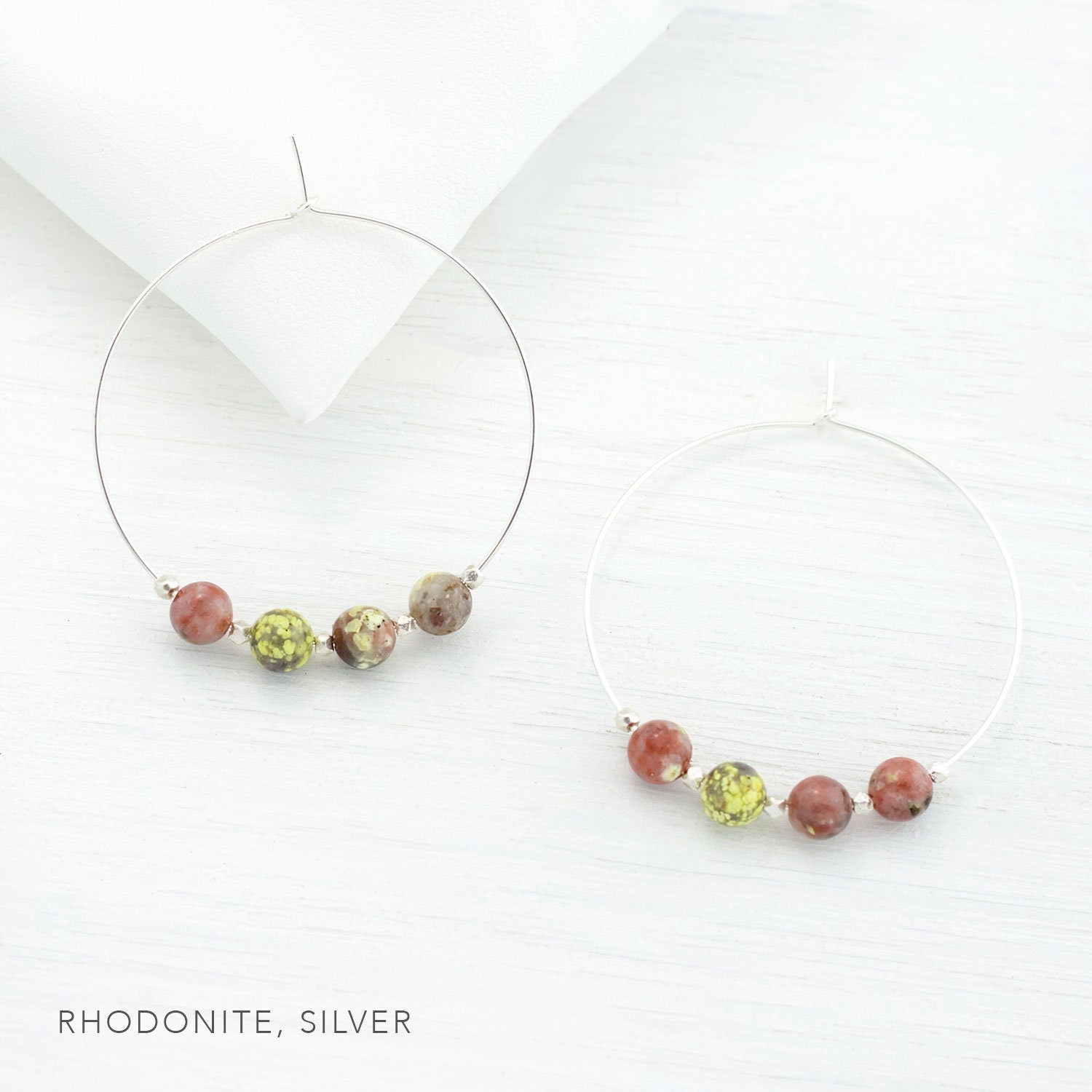 Natural Agate Earrings, Boho Statement Earrings, Thin Hoop Earrings, Stone Jewelry, Gift for Her, Beaded Hoops, Tree Agate, HP-4B