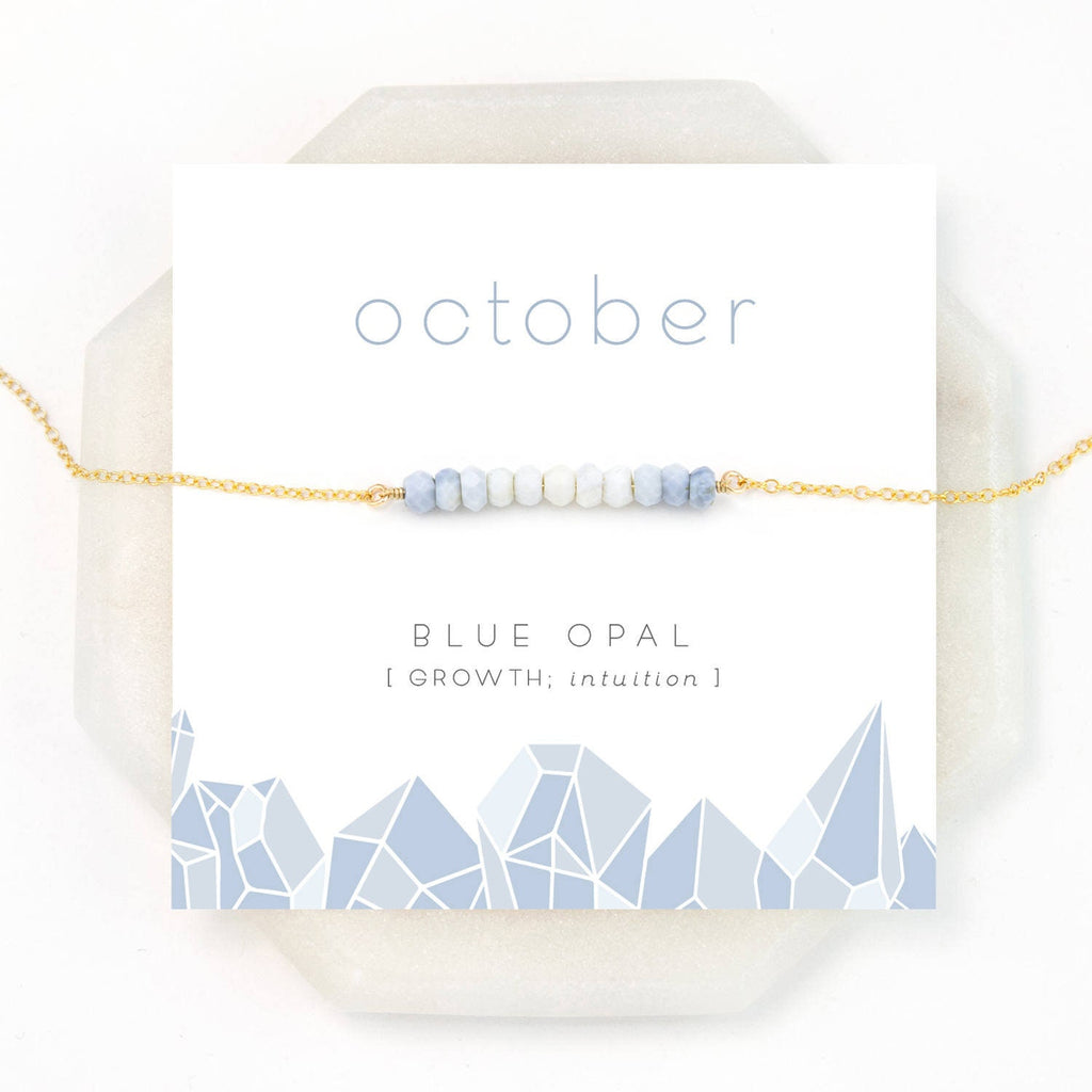 Ombre Blue Opal Necklace, October Birthstone, Natural Opal, Birthday Gift, Bar Necklace, Dainty Necklace, Beaded Bar, Pastel Necklace, NK-DB