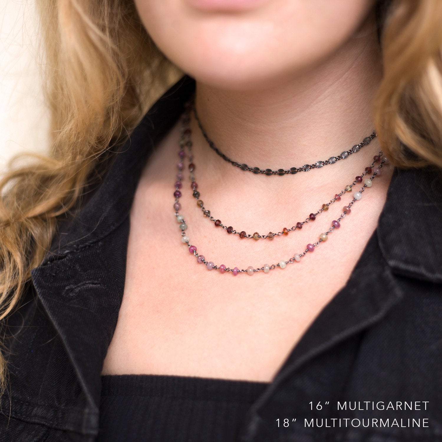 Beaded Gemstone Chain Necklace, Black Silver Jewelry, Layering Necklace, Dainty Bracelet, Birthstone Jewelry Gifts, Celestial Rosary Chains