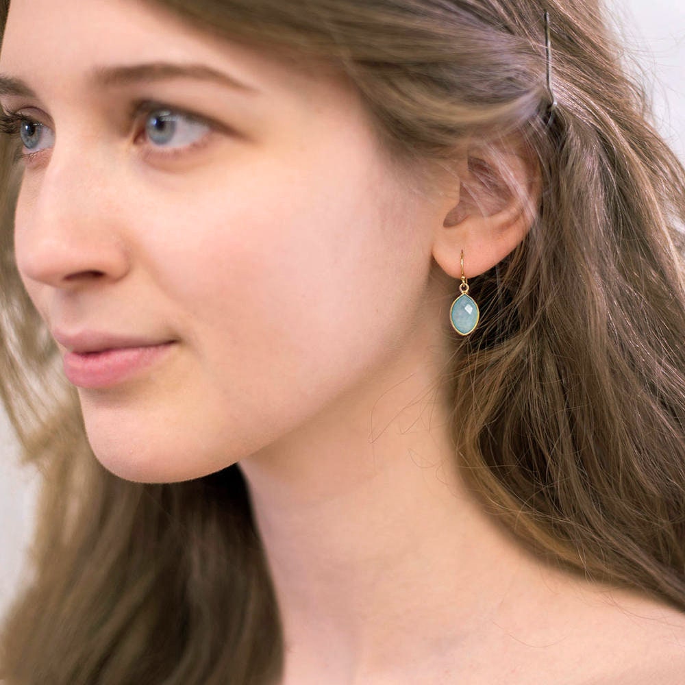 Aqua Blue Drop Earrings, Gold Framed Gemstone, March Birthday Gift, Minimalist Jewelry, Dainty Stone, Bridesmaids Jewelry, Aqua Blue