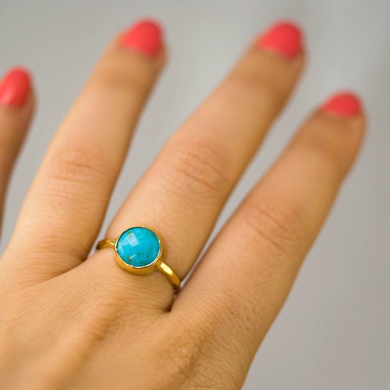 Turquoise Ring Gold, December Birthstone Ring, Gemstone Ring, Stacking Ring, Cushion Cut Ring, Stone Ring, 9mm Stone ring, Summer Jewelry