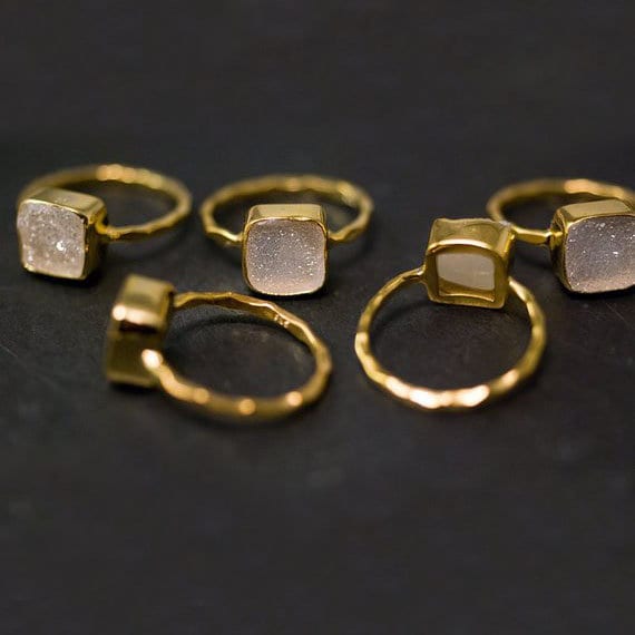 Druzy Ring Gold, April Birthstone Ring, Gemstone Ring, Solitaire Ring, Stacking Ring, Cushion Cut Ring, Rough Druzy Ring
