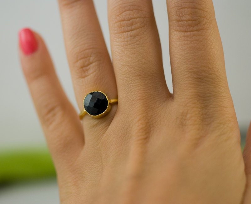 Black Onyx Ring Gold, Solitaire Gemstone Ring, Stacking Ring, Black Stone Ring, Tear Drop Ring, Statement Ring, Gift For Her