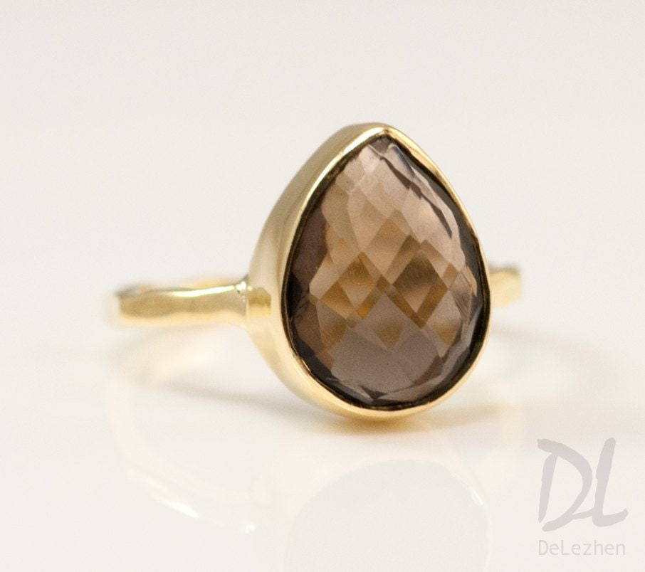 Smokey Quartz Ring, Back to School Gift, Autumn Jewelry, Brown Stone Ring, Solitaire Stacking Ring, Teardrop Ring, Round Gemstone