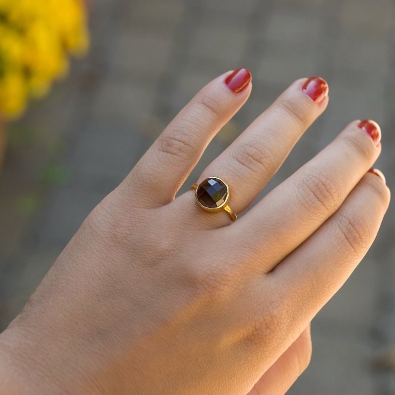 Smokey Quartz Ring, Back to School Gift, Autumn Jewelry, Brown Stone Ring, Solitaire Stacking Ring, Teardrop Ring, Round Gemstone