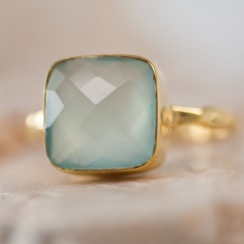 Aqua Blue Chalcedony Ring Silver - Stackable Ring - Sea Foam Green Ring - Tear Drop Ring - Solitaire Ring