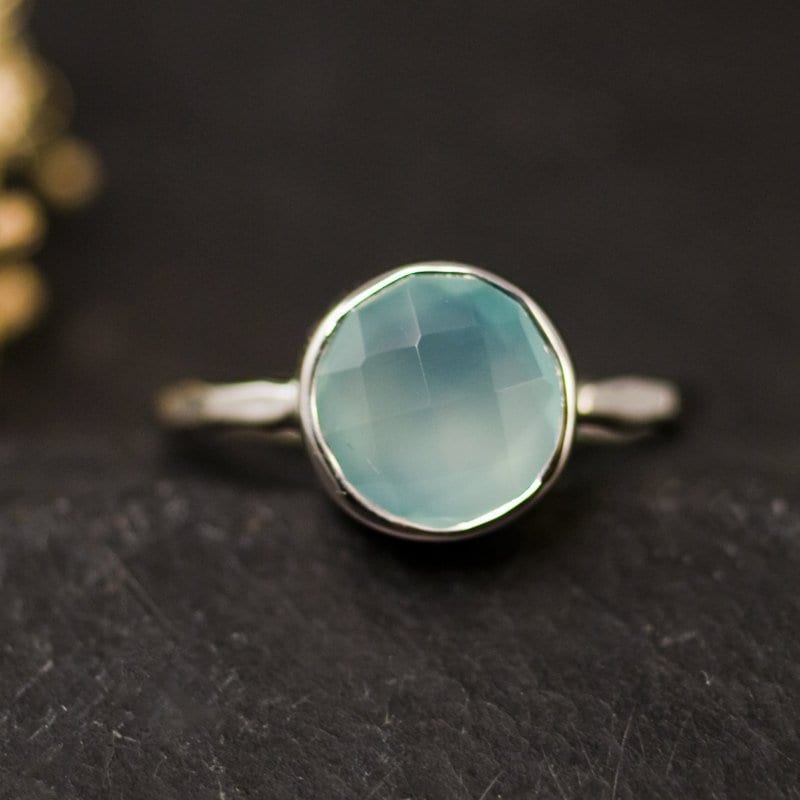 Aqua Blue Chalcedony Ring Silver - Stackable Ring - Sea Foam Green Ring - Tear Drop Ring - Solitaire Ring