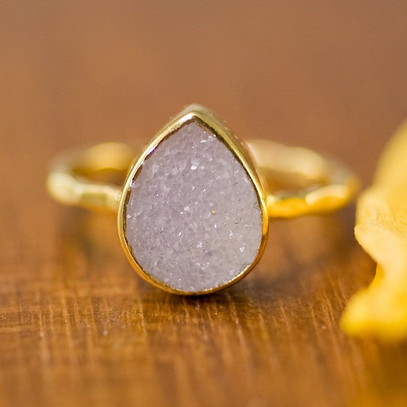 Druzy Ring Gold, April Birthstone Ring, Gemstone Ring, Solitaire Ring, Stacking Ring, Cushion Cut Ring, Rough Druzy Ring