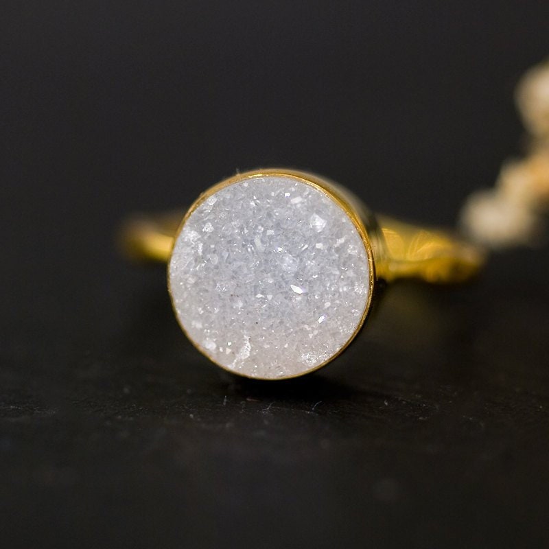 Druzy Ring Gold, April Birthstone Ring, Gemstone Ring, Solitaire Ring, Stacking Ring, Cushion Cut Ring, Rough Druzy Ring
