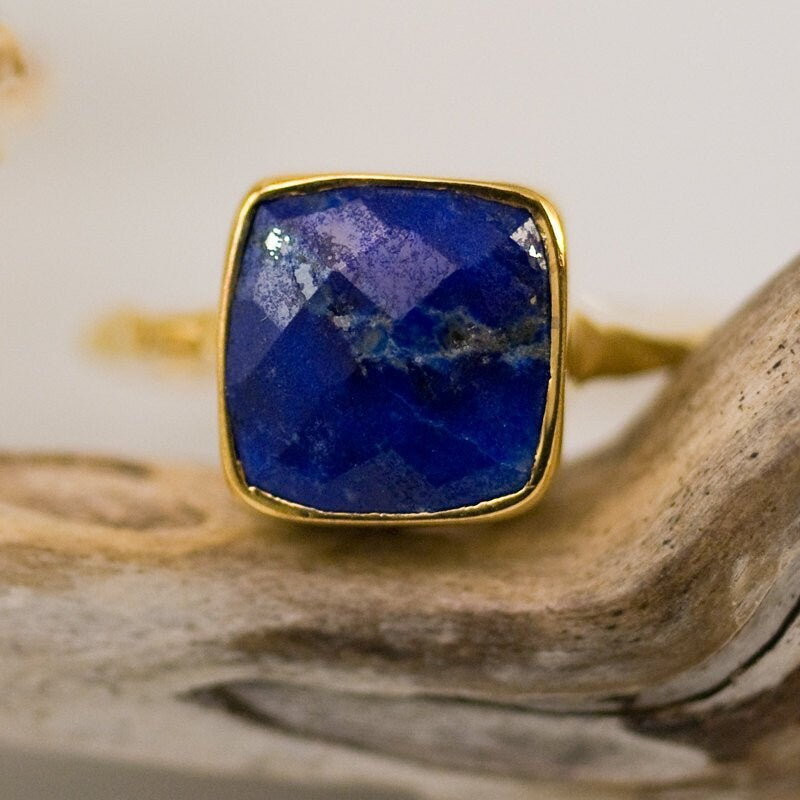 Navy Blue Lapis Ring Gold, September Birthstone Ring, Lapis Lazuli Gemstone Ring, Stacking Ring, Gold Vermeil Ring, Cocktail Ring