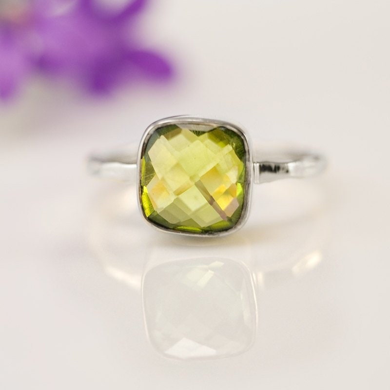 Green Peridot Ring Gold, August Birthstone Ring, Cushion Cut, Solitaire Ring, Green Stone Ring, Stackable Stone Ring, Gift for Mom