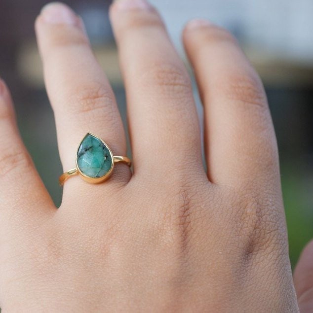 Raw Emerald Ring Sterling Silver, May Birthstone Ring, Gemstone Ring, Green Stone Ring, Stacking Ring, Cushion Cut Statement Ring