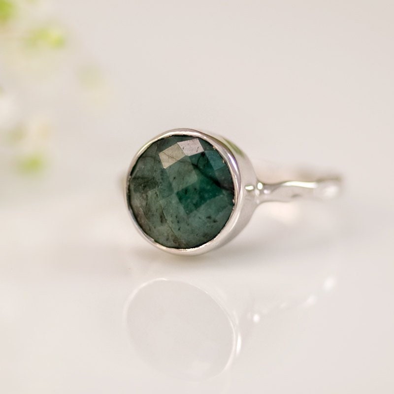 Raw Emerald Ring Sterling Silver, May Birthstone Ring, Gemstone Ring, Green Stone Ring, Stacking Ring, Cushion Cut Statement Ring