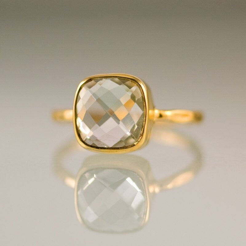 Green Amethyst Ring, Stacking Ring, Cushion Cut Ring, Gem Ring, Square Ring, February Birthstone, Solitaire Ring, Modern Gift for Her, RG-SQ