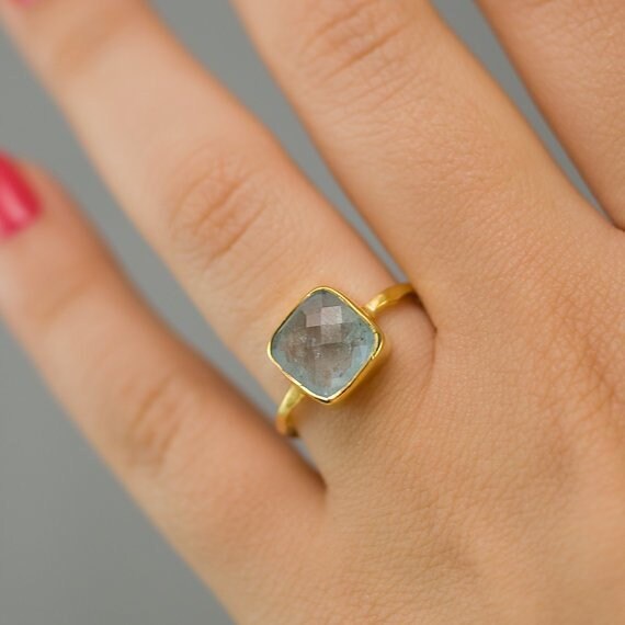 Natural Aquamarine Ring, March Birthstone, Gemstone Ring, Stacking Ring, Round Cut Ring, Modern Gift, Simple Faceted Stone Ring, RG-RD