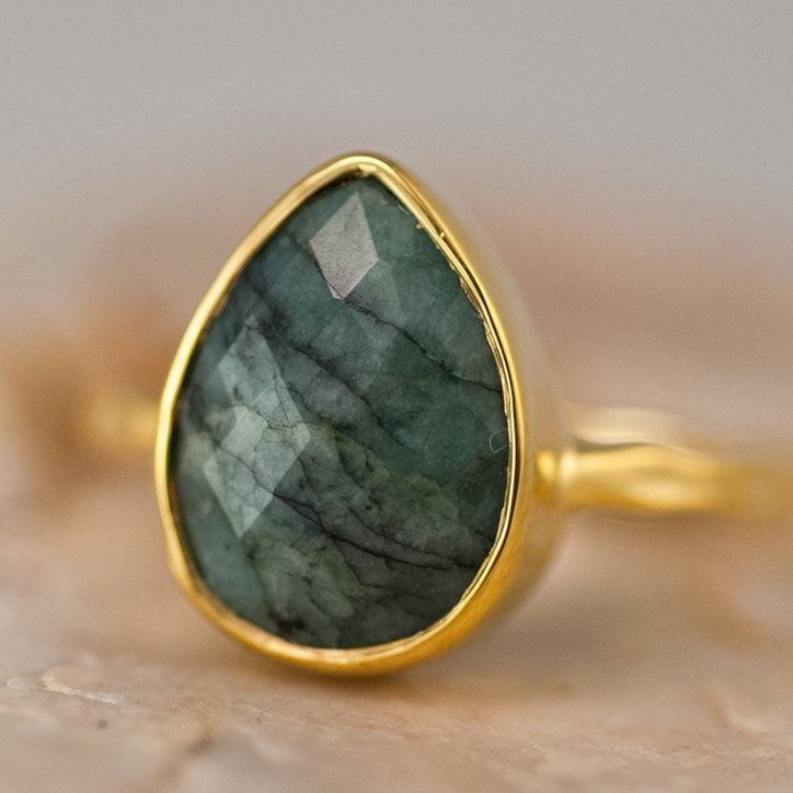 Raw Emerald Ring Sterling Silver, May Birthstone Ring, Gemstone Ring, Green Stone Ring, Stacking Ring, Cushion Cut Statement Ring