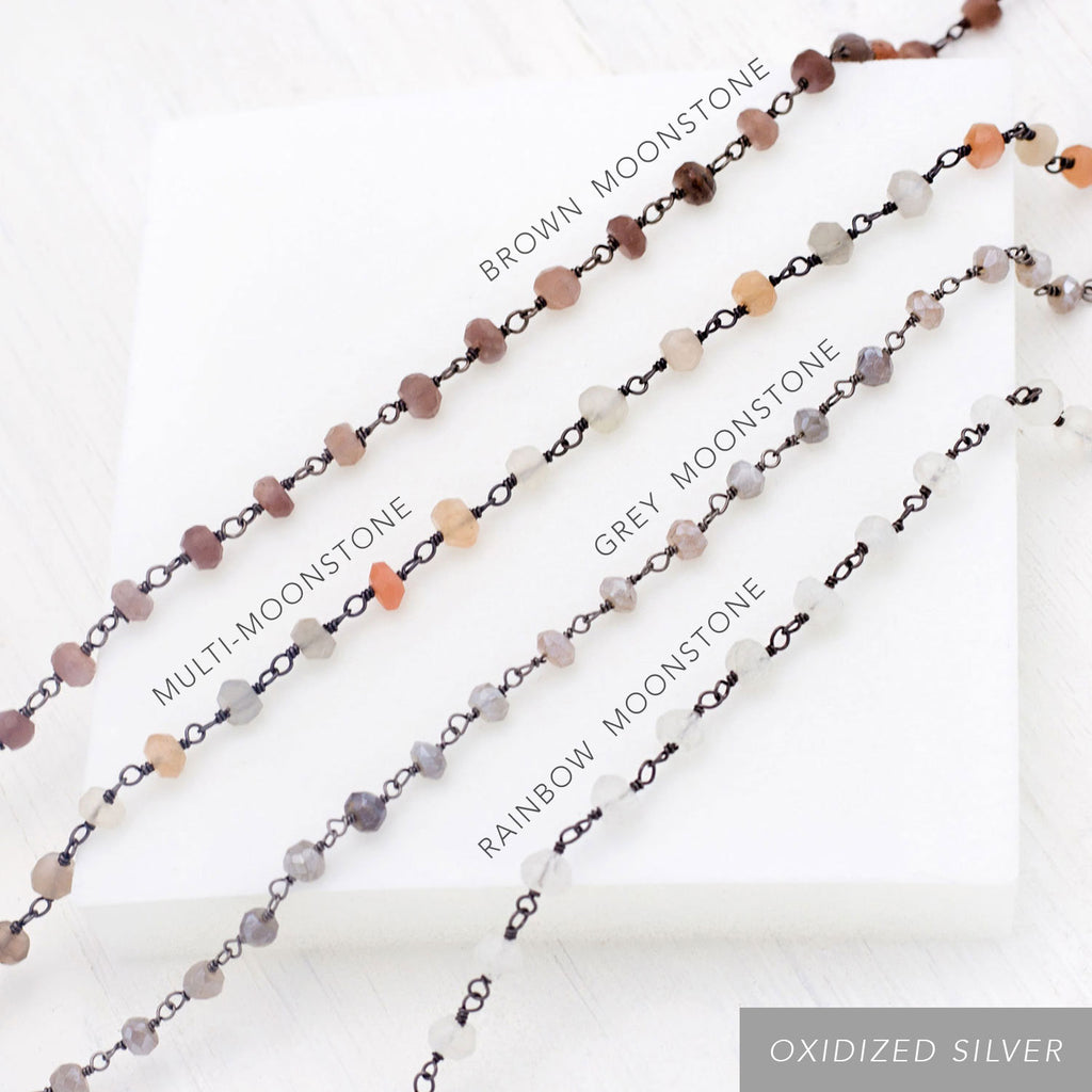 Everyday Moonstone Rosary Necklace, Beaded Chain Necklace, Gemstone Choker, Layering Necklace, Wire Wrapped Moonstone, Long Simple Necklace