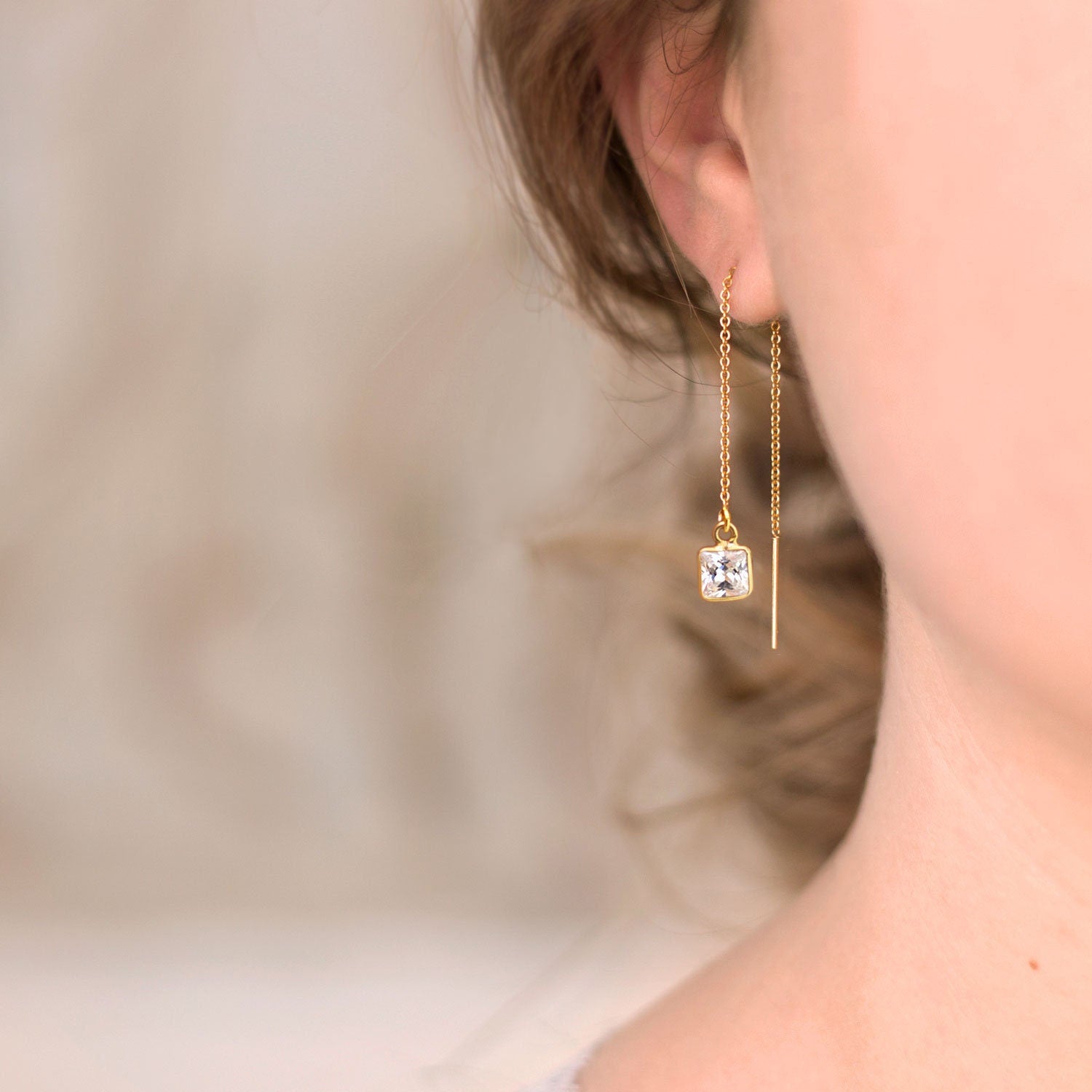 Gold Bridesmaid Threaders, Modern Bridal Earrings, Crystal Drop Chain Earrings, Dainty Gold CZ Thread Through Earring, Wedding Party Jewelry