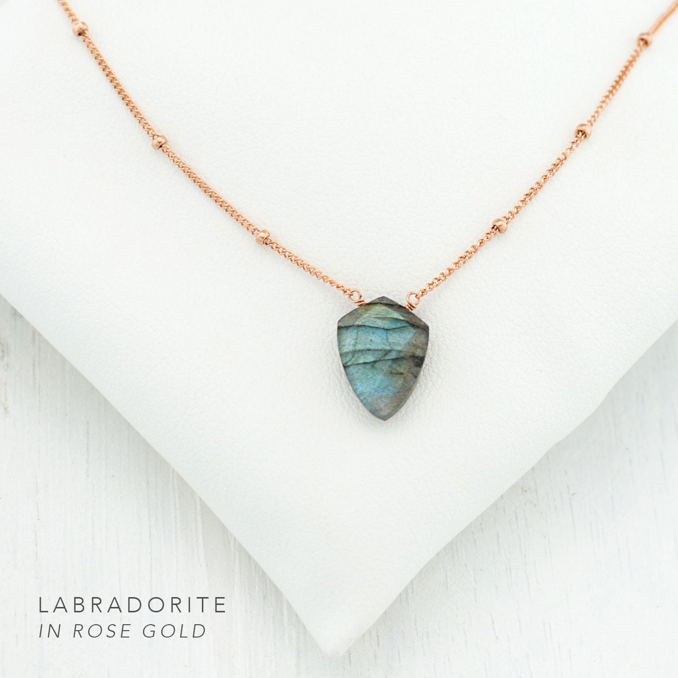 Flashy Labradorite Pendant Necklace, Geometric Gemstone, Emerald Arrowhead, Silver Dewdrop Chain, Rose Gold Satellite Chain, Shield Necklace