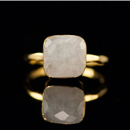 Gold White Moonstone Ring Solitaire - June Birthstone Ring - Gemstone Ring - Gold Ring - Bezel Set Ring, 9mm Crystal Moonstone Ring