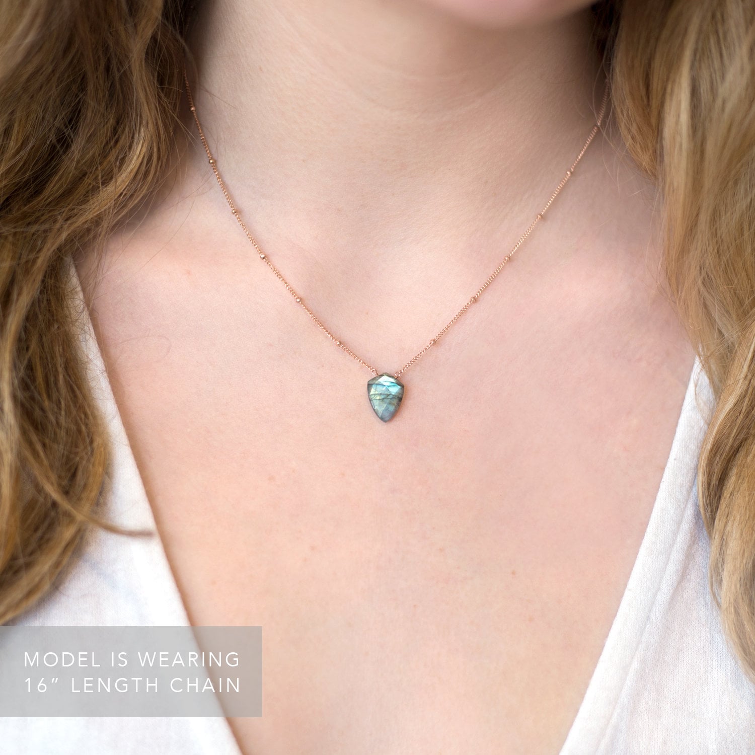 Flashy Labradorite Pendant Necklace, Geometric Gemstone, Emerald Arrowhead, Silver Dewdrop Chain, Rose Gold Satellite Chain, Shield Necklace