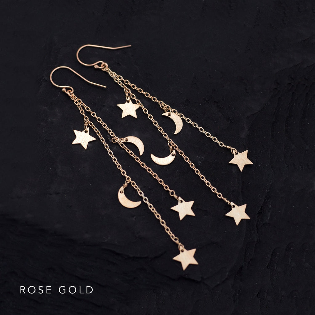 Gold Celestial Earrings, Crescent Moon and Stars, Long Chain Earrings, Charm Earrings, Star Dangle, Festival Boho Jewelry, Silver, Rose Gold