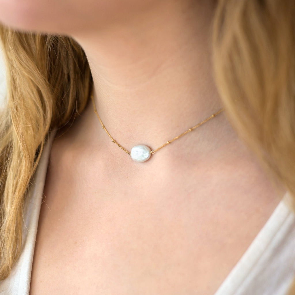 Bridesmaid Gift, Simple Pearl Choker Necklace, 14k Gold Filled Satellite Chain, Delicate Everyday Layering, June Birthstone, Rose Gold Pearl