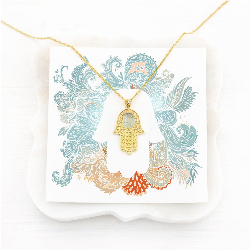 Aquamarine Hamsa Necklace, Protection Necklace, Crystal Necklace, Bat Mitzvah Gift, Gold Hand Necklace, March Birthstone Necklace