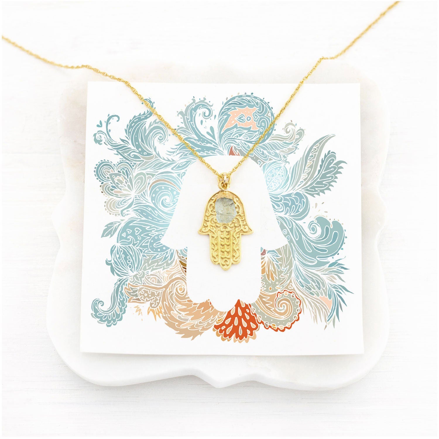 Aquamarine Hamsa Necklace, Protection Necklace, Crystal Necklace, Bat Mitzvah Gift, Gold Hand Necklace, March Birthstone Necklace
