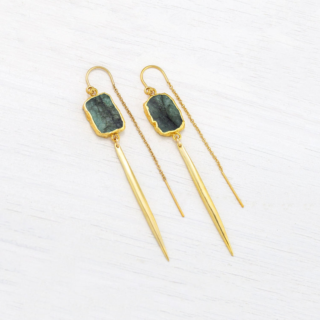 Natural Emerald Gemstone Earrings, Raw Emerald, May Birthstone Gift, Modern Geometric Spike Earrings, Simple Edgy Jewelry, Summer Statement