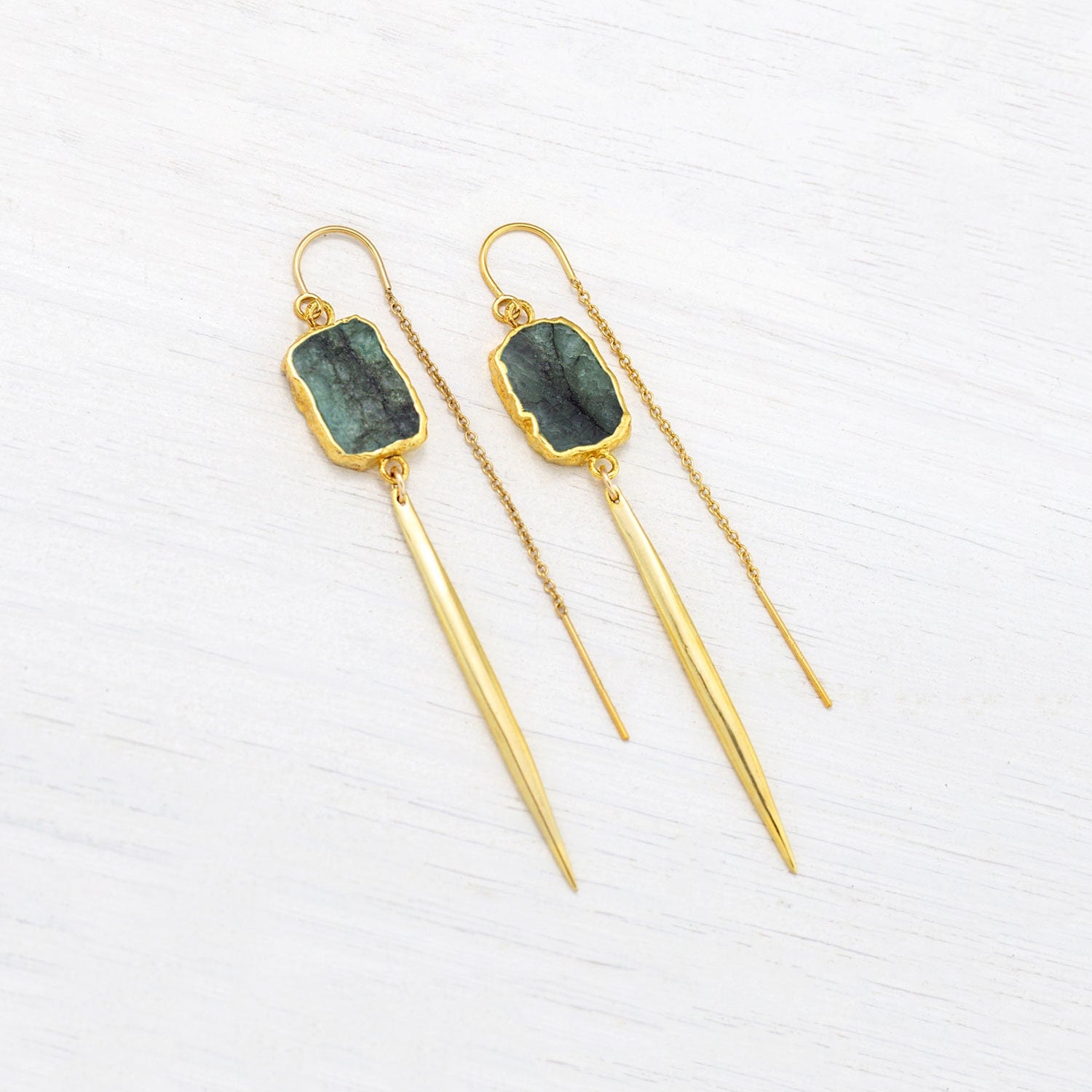 Natural Emerald Gemstone Earrings, Raw Emerald, May Birthstone Gift, Modern Geometric Spike Earrings, Simple Edgy Jewelry, Summer Statement