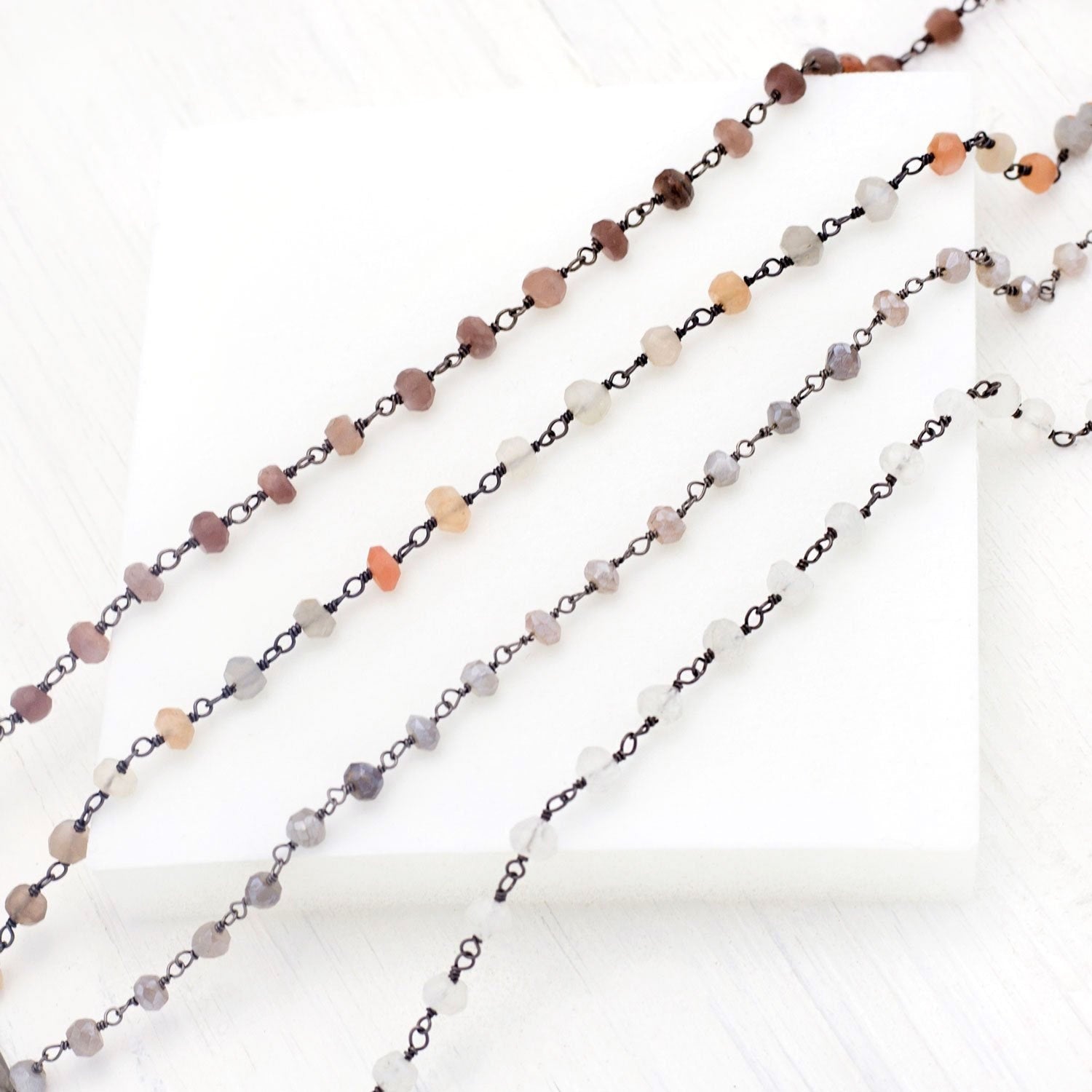 Moonstone Black Silver Necklaces, Grey Moonstone Rosary Chain, Short Beaded Necklace, Tiny Stone Necklace, Edgy 90's Choker, Bridesmaid Gift