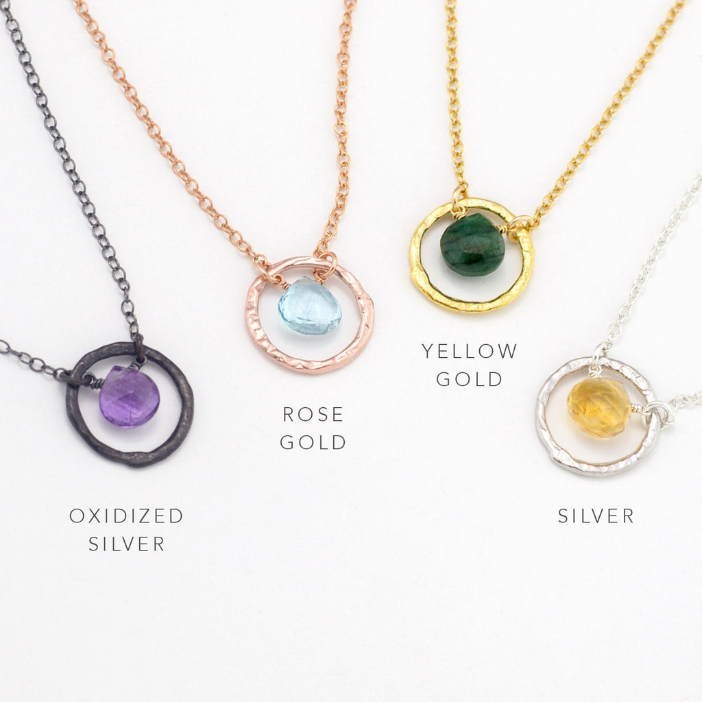 Solitaire Birthstone Necklaces, Genuine Gemstone Drop Circle Charm Necklace, Personalized Tiny Crystal Pendant, Simple Bridesmaid Gifts