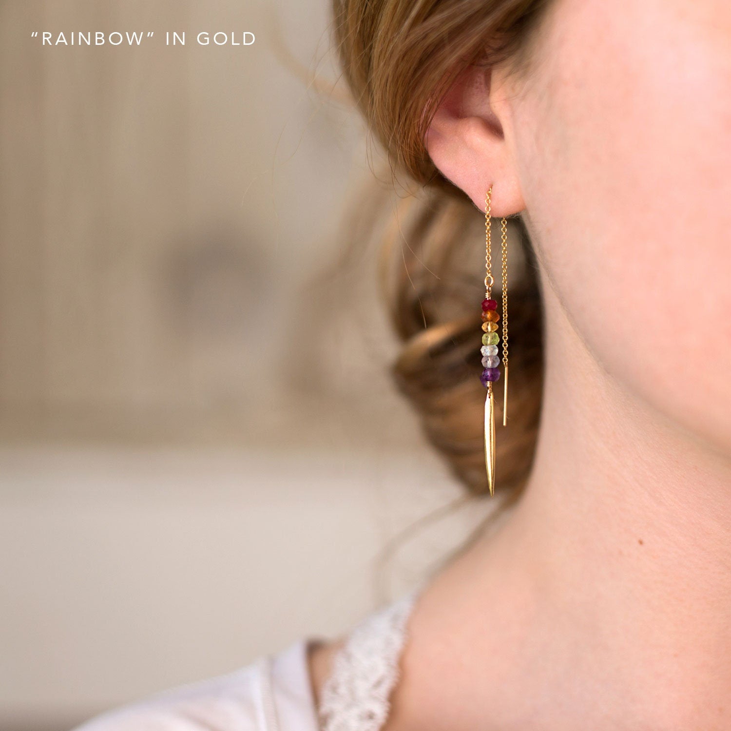 Watermelon Tourmaline Threaders, Ombre Gemstone Earrings, Beaded Spike Earrings, October Birthstone Gift, Birthstone Earrings, Stone Drops