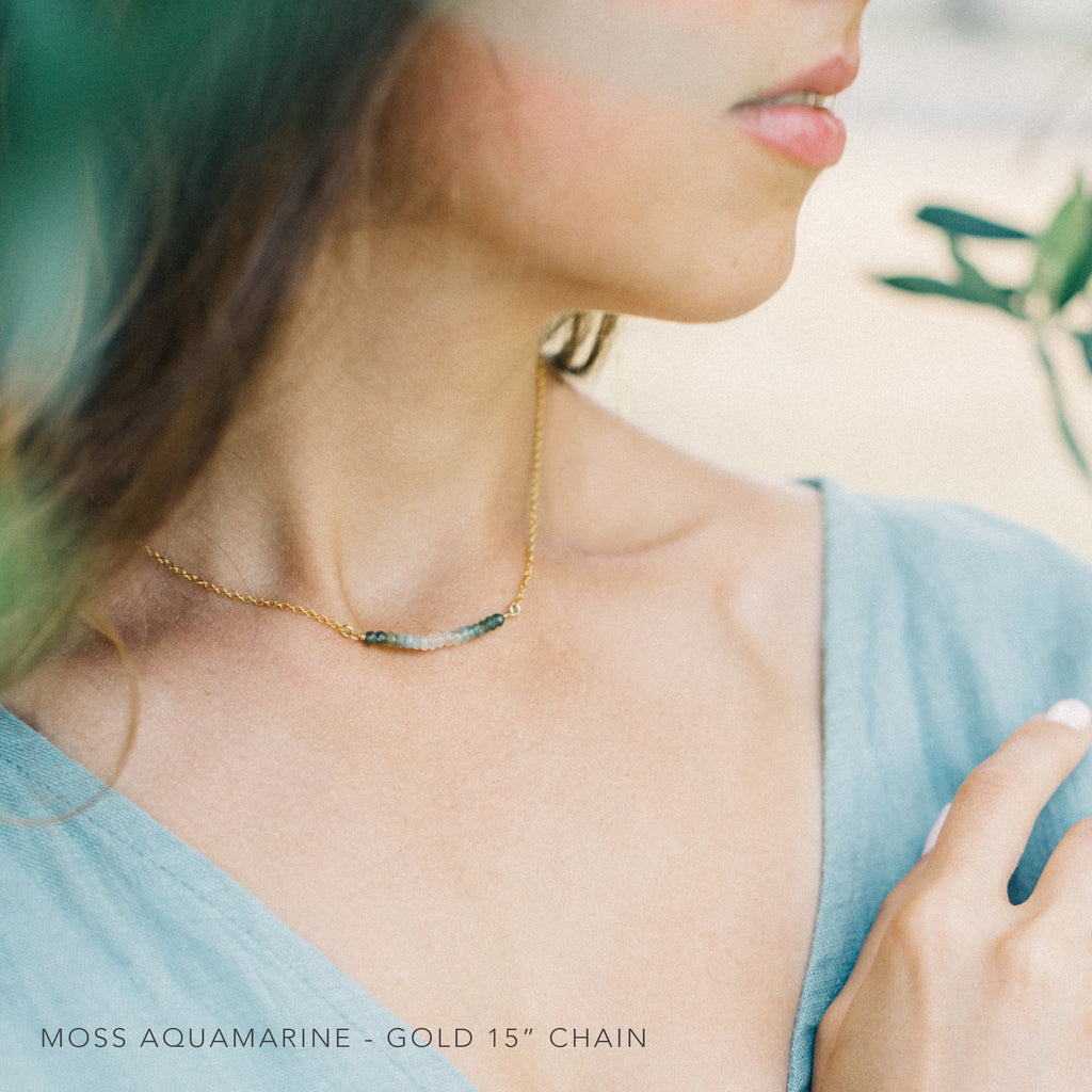 Natural Emerald Necklace, Hope Necklace, Ombre Gemstone Bar Choker, Inspirational May Birthstone Gift Card, Gold Rose Silver Chains